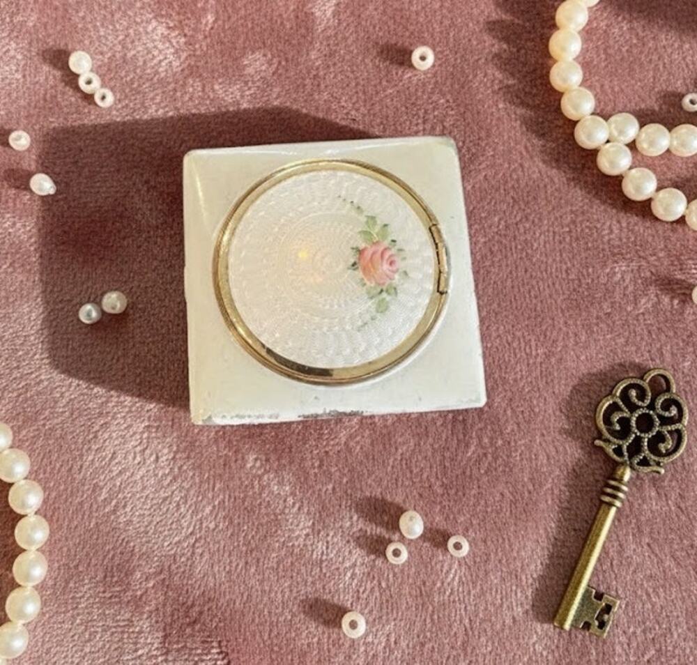 Compact White Stratton Princess Dual Guilloche Enamel Hand Painted 1950s UK VTG